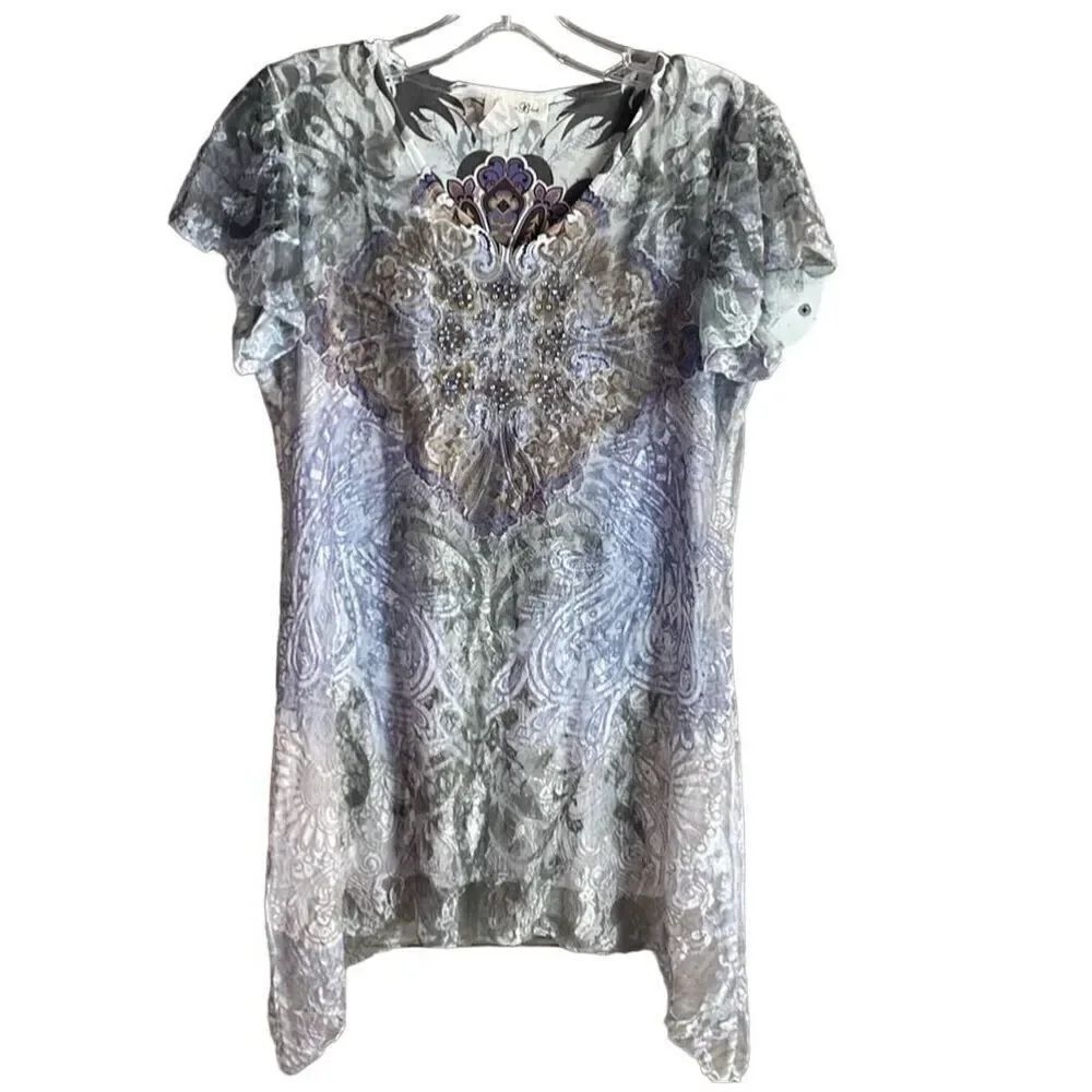 BRITTANY BLACK Floral Lace Embellished Short Flutter Sleeve Top Size Small Gray